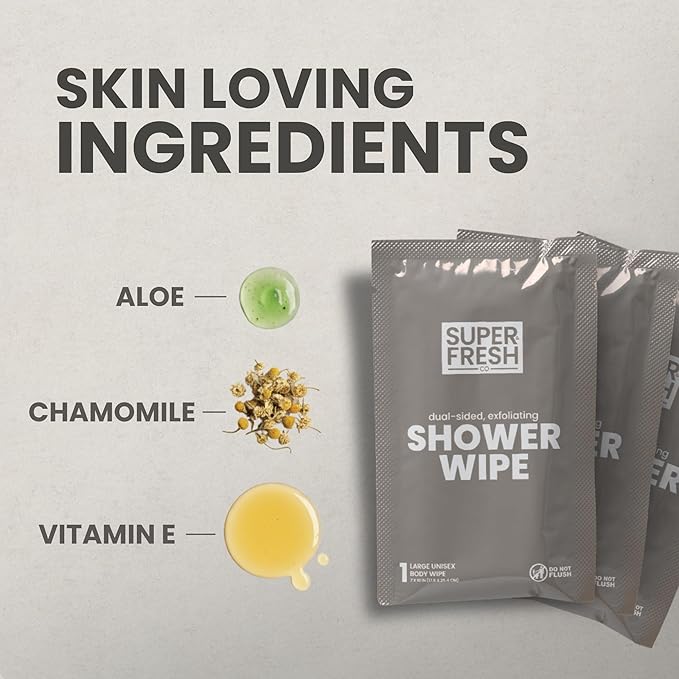 Super Fresh Shower Wipes Large Sandalwood Body Wipes for No Rinse Bathing Personal Hygiene Gym Travel or Camping Enriched with Aloe and Vitamin E 50 Individually Wrapped Disposable Sheets