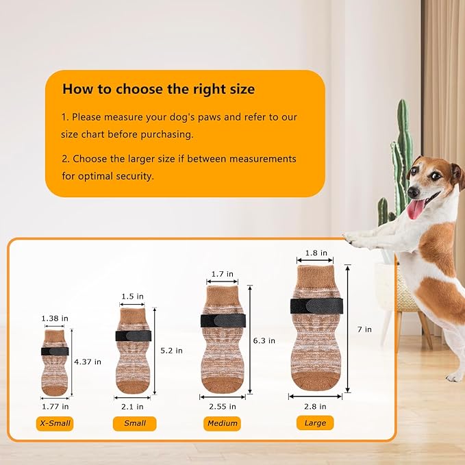 KUPAO Dog Socks 12 Pack to Prevent Licking Paws, Anti Slip Dog Booties and Paw Protectors for Hardwood Floors Hot Pavement, Suitable for Small Medium Large Senior Dogs - Size Small,Brown