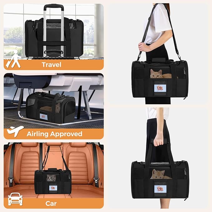 Cat Carrier Soft for Pets Up to 15 Lbs, Cat Travel Bag with Padded Shoulder Strap and Detachable Cat Food Bowl, Pet Dog Carriers for Small Dogs Travel Puppy Carry Airline Approved, Black