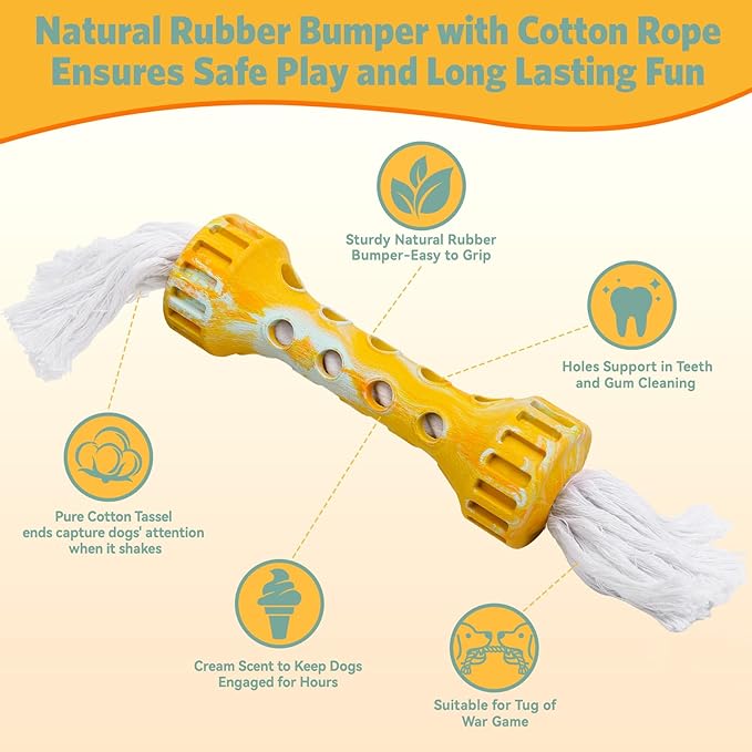 KGPERGU Durable Rubber with Pure Cotton Tassels for Medium and Large Breeds, Indoor Dog Chew Toy for Boredom Buster, Outdoor Fetch and Chase Toy for Excess Energy Relief, Cream Flavor, Yellow/White