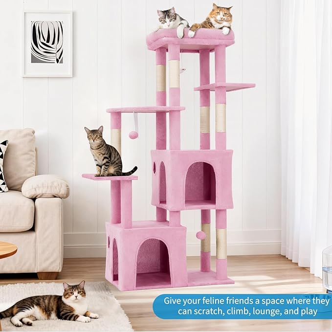 Cat Tree - 157cm Tall, Sisal Wrapped Scratching Post, Cat Nest, Hanging Ball, Extended Platform
