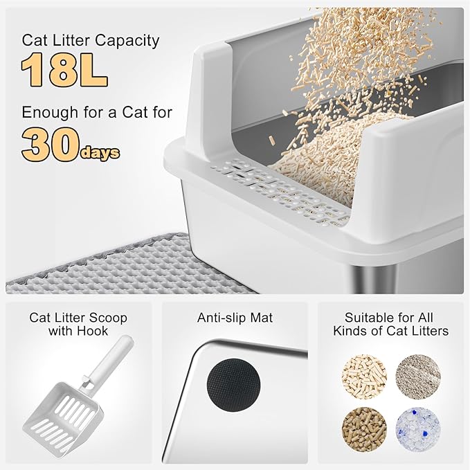 FURTIME Stainless Steel Cat Litter Box with Lid, Metal Kitty Litter Box for Small Cats, Kitten Litter Boxs with Scoop and Mat, Non-Sticky, Anti-Leakage, Easy to Clean, 17"x13"x8.4" (Small)