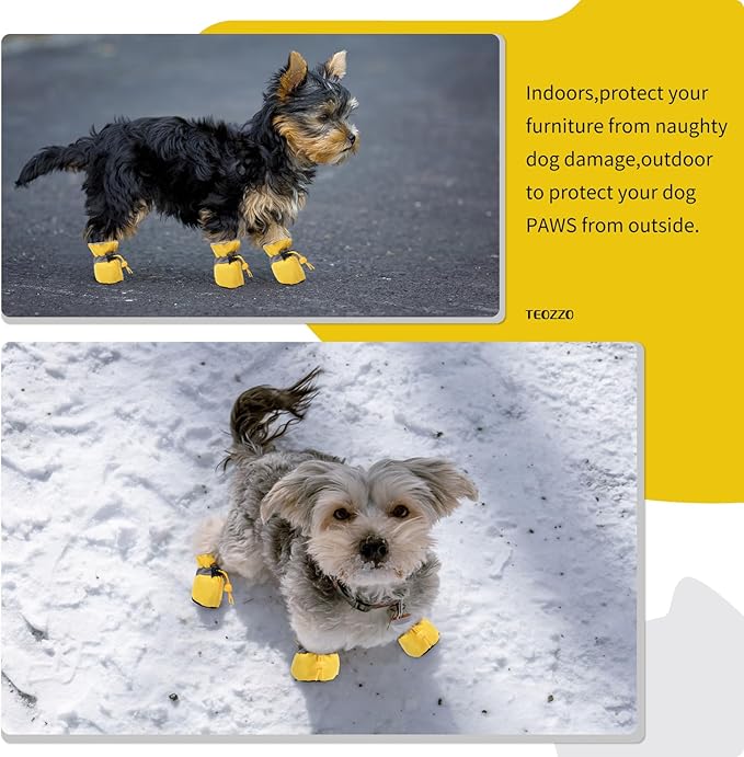 Dog Shoes Dog Boots & Paw Protector, Anti-Slip Sole Winter Dog Booties with Reflective Straps Dog for Small Medium Dogs 4PCS (Yellow, Size 4: 1.57"(Width))