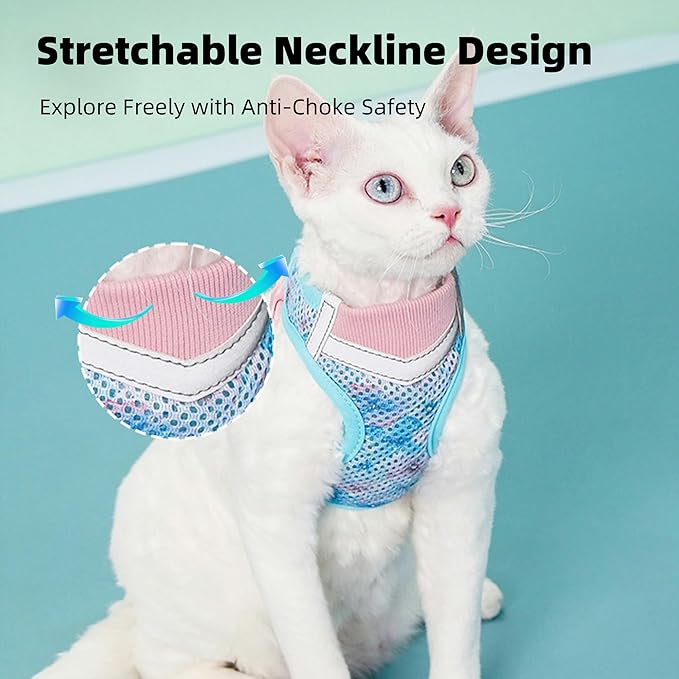 Cat Harness and Leash Set for Comfortable Outdoor Walking, Escape Proof, Adjustable Soft Kitten Vest Harness with Reflective Strip for Cats, Small Dogs (Pink Green, S)