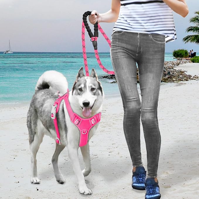 BARKBAY No Pull Dog Harness Large Reflective Dog Harness with Front Clip and Easy Control Handle for Walking Training Running with ID tag Pocket(Pink,XL)