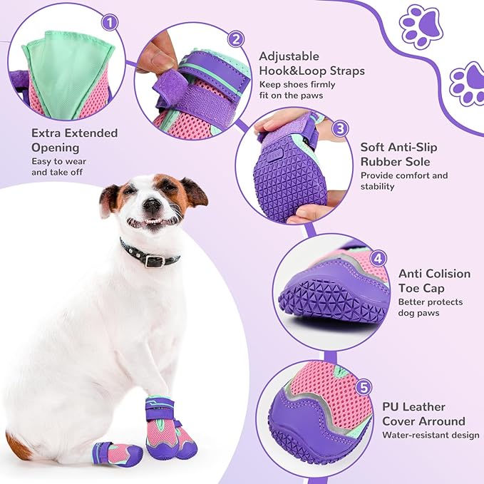 Dog Boots for Large Dogs, Medium Dog Shoes for Winter Snow, Non- Slip, Outdoor Dog Booties with Reflective Strap for Snowy Hardwood Floor Hiking Walking, Purple Size 6