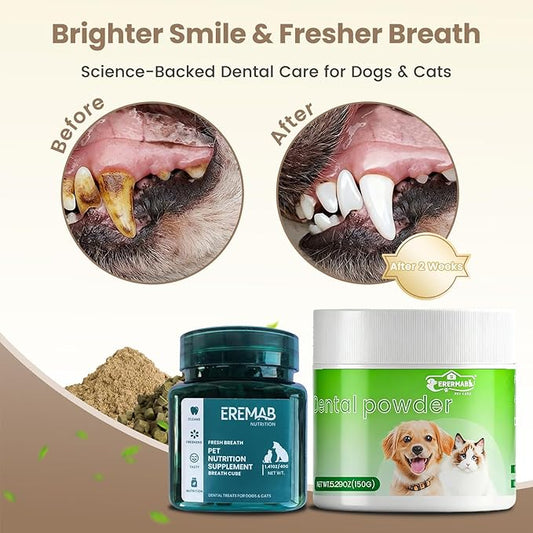 Dog Teeth Cleaning Powder,Dog Dental Powder and Dog Breath Freshener, Teeth Cleaning Made Easy, The Tooth Powder Set Includes Freeze-Dried Teeth Cleaning Treats, Complete Dental Care Solution