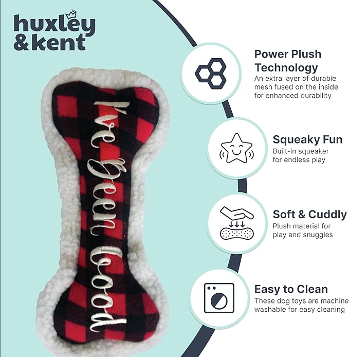 Huxley & Kent Funny Dog Toy w/Squeaker – Holiday Power Plush Squeaky Dog Toys for Small, Medium & Large Dogs – Soft Stuffed Animal for Indoor Play & Fetch - I've Been Good Bone, Small
