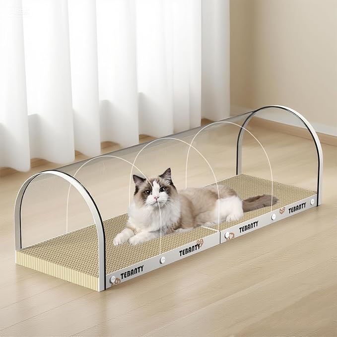 3 Function in 1 Cardboard Cat Scratcher Board, 31.5 in Cat Scratcher House, Cat Scratchers for Indoor Cats, Arched Cats Scratch Pad As Cat Bed, Cat Tunnel for Sleep, Grind Claws (White)