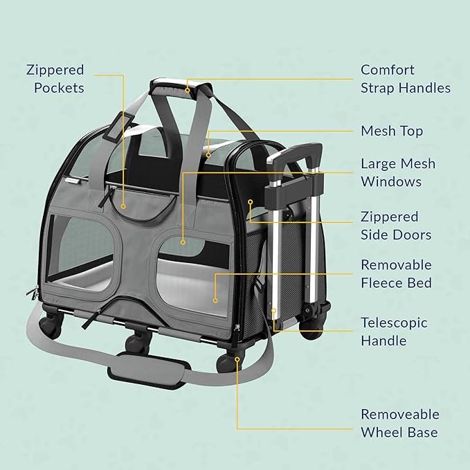 Rolling Pet Carrier with Removable 6 Wheels & Double Telescopic Handle Soft Sided for Airline Approved Dog & Cat Carrier Bag (Grey/Black)