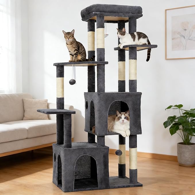 Cat Tree - 157cm Tall, Sisal Wrapped Scratching Post, Cat Nest, Hanging Ball, Extended Platform