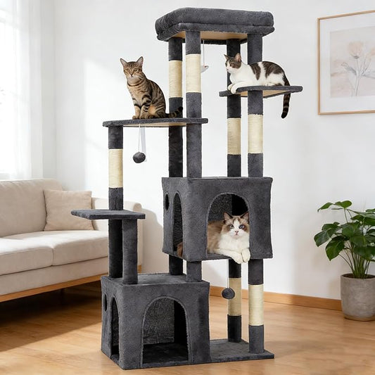 Cat Tree - 157cm Tall, Sisal Wrapped Scratching Post, Cat Nest, Hanging Ball, Extended Platform