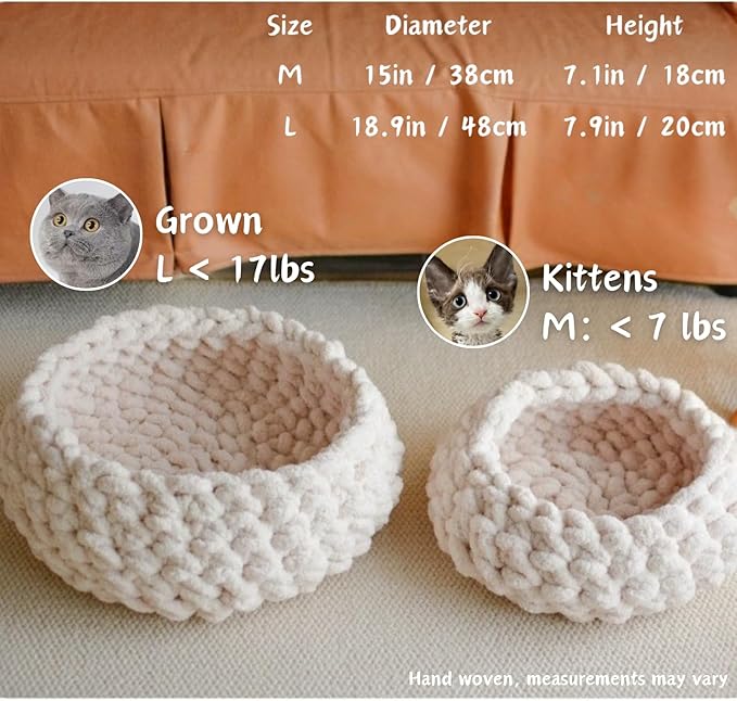 Cat Nest Bed - Premium Self Warming Handwoven Washable Extra Soft Round Cave House for Indoor Kitten & Kitty, Small & Large (Cloud White,Medium)