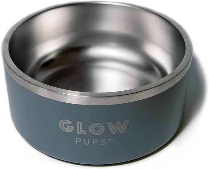 Glow Pups Dog Bowl, Vacuum Insulated Pet Bowl Keeps Water Cool, Non-Slip Base, Easy Clean Interior, Durable Stainless Steel, Ideal for Travel, 32 Oz, Stylish (Grey)