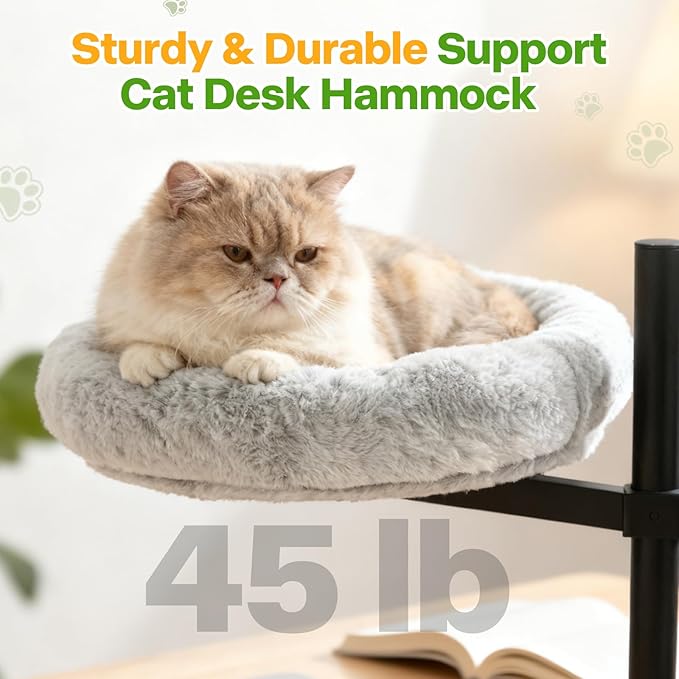 Cat Desk Bed - 360° Rotatable & Adjustable Hammock, 45 lbs Capacity Sturdy Attachment, Soft Removable Cozy Nest for Home Office & Gaming