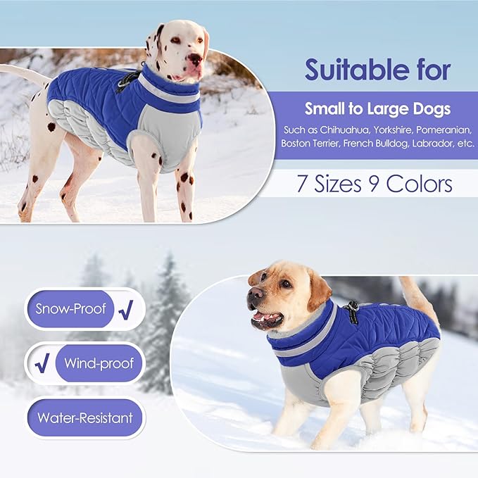 AOFITEE Dog Coat, Warm Dog Winter Coat, Reflective Cold Weather Dogs Puffer Jacket with Harness Built in, Waterproof Pet Fleece Vest Snowsuit for Small Medium Large Dogs, Blue L