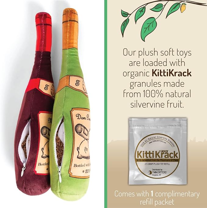 TWINCRITTERS KittiLush 2-Pack Organic Silvervine Catnip Substitute Toys for Cats & Kittens | 100% All-Natural Wild Harvested Silvervine | 2 Refillable Wine Bottle Kicker Cat Toys