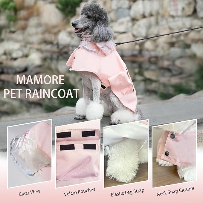 Dog Raincoat Waterproof, Adjustable Reflective Hooded Dog Rain Poncho with Leash Hole for Small Medium Large Dogs (Pink, Small)