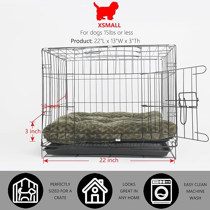 Puppy Bed for Small Dogs Washable Ultra Soft Crate Bed for 22 inch Cages with Anti-Slip Cozy Soft Sleeping Pillow Up to 15 lbs Pets,22 x 13 Olive Green