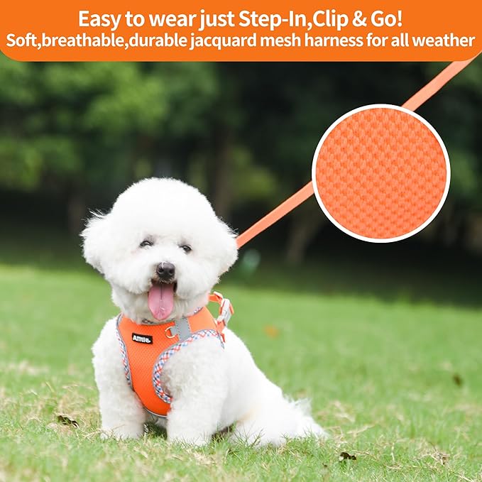 AIITLE Teacup Puppy Harness with Leash - Adjustable Soft Vest with Magic Tape & Reflective Safety Strips, Easy-Put-On for Poodles, Pomeranians - Gym, Hiking, Travel (Orange, S)