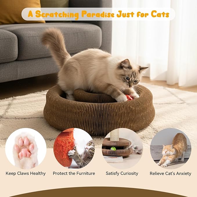 2Pcs Magic Organ Cat Scratcher, Foldable Accordion Cat Scratching Board with Toy Ball, Compact Cat Scratch Pad Kitty Kurlz Cat Toys for Indoor Cats, Stress Relief & Furniture Protection