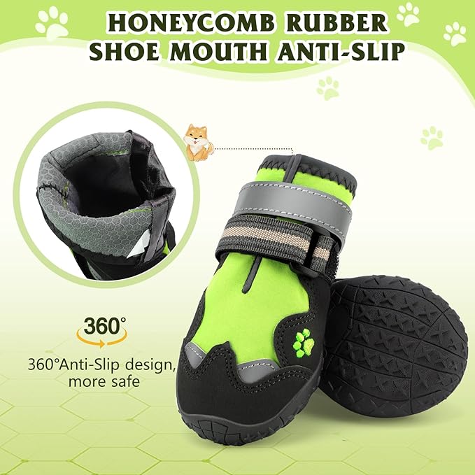 Dog Shoes for Large Dogs, 360°Anti Slip Medium Dog Boots & Paw Protectors Winter Snowy, Waterproof 4Pcs Dog Booties with Reflective Strips (Size 3: 1.97''x2.48''(W*L), Green)