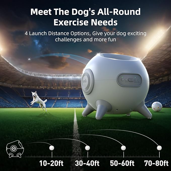 uahpet Automatic Ball Launcher for Dogs with Obstacle Detection, 20ft-80ft Adjustable Distances Ball Thrower Launcher for Medium & Large Dogs, with 3 Balls (2.5 inches)