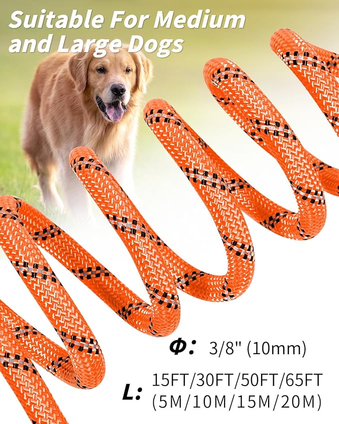 Joytale Long Leash for Dog with Removable Padded Handle, Heavy Duty Lead for Large Medium Dogs,15FT/30FT/50FT/65FT Reflective Training Leash for Play, Camping, Backyard Tie Out, Orange, 15FT