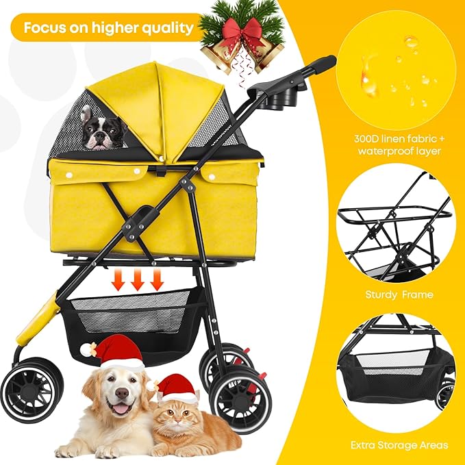 Pet Stroller,Dog Stroller for Small Medium Dogs Cats,3 Wheels,Foldable,with Breathable Mesh Canopy,Cup Holders,Easy Assembly,Yellow