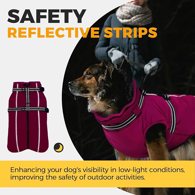 Lelepet Dog Winter Coat Waterproof Dog Jacket with Harness Built in Windproof Reflective Pet Coats for Small Medium Large Dogs, Thermal Fleece Lined Coats for Cold Weather Walking Hiking, Rose Red XXL