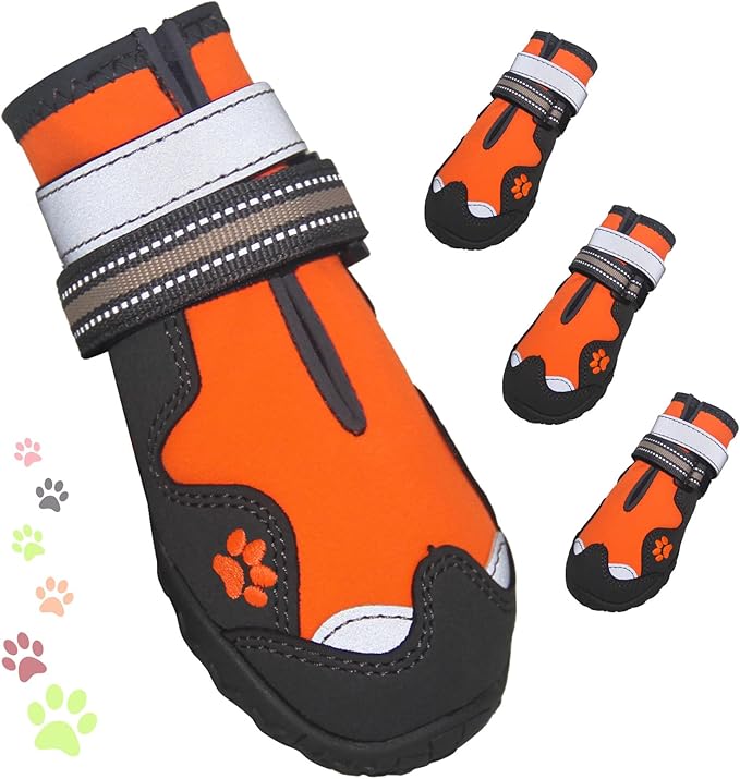 Dog Shoes for Large Dogs, 360°Anti Slip Medium Dog Boots & Paw Protectors Winter Snowy, Waterproof 4Pcs Dog Booties with Reflective Strips (Size 2: 1.77''x2.3''(W*L), Orange)