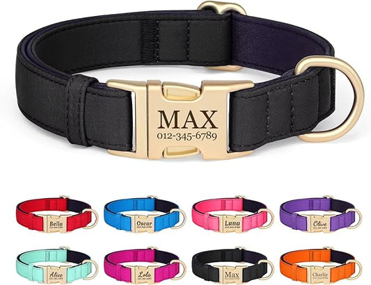 PET ARTIST Colorful Personalized Dog Collars, Custom Dog Collar with Silent Engraved ID Tag, Lightweight Breathable Nylon & Soft Padded, Matching Leash & Poop Bag for Small Dogs,Black,Fit 10-15"