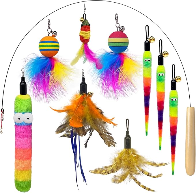 YUBONUS Interactive Cat Wand Toy Complete Set with Pole and 9 Feather Refills Teaser Toy for Indoor Cats Play & Exercise (9 Pcs C)
