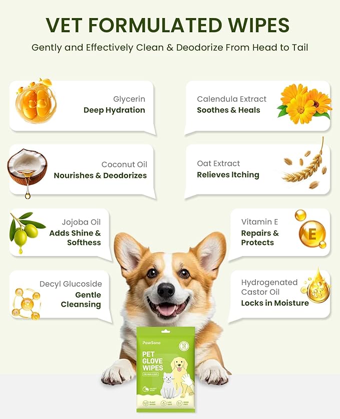 12PCS Hypoallergenic Pet Glove Wipes for Dogs & Cats - Quick Clean & Deodorizing Between Baths & Travel | Dog Washing Wipes for Fur, Butt, Paws, Eyes & Ears |Cat Cleaning Gloves for Grooming & Bathing