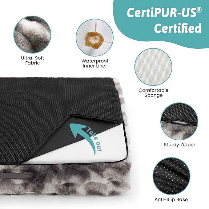 Orthopedic Dog Bed for Large Size Dog, Soft Warm Faux Fur Extra Large Sofa for Pet Up to 100 lbs, Foam Bolster Anti-Slip Couch with Washable Removable Cover, XL 44x32x7 inch, Tie Dye Grey