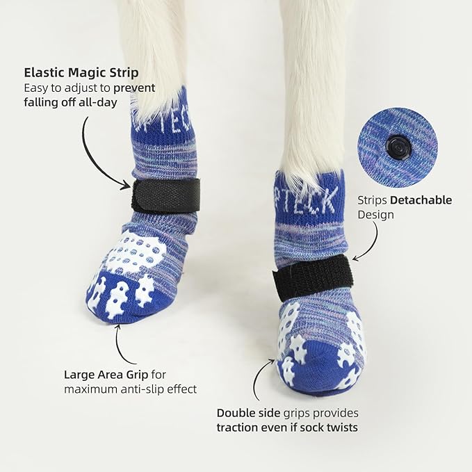 PUPTECK Anti-Slip Dog Socks with Double Sides Grips for Small Medium Large Dogs Hardwood Floors Prevents Licking, Dog Shoes for Hot Pavement Traction Control for Senior Dogs, Royal Blue, S