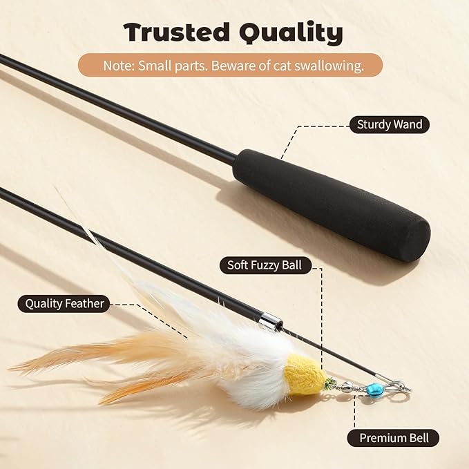 4-in-1 Interactive Cat Toys for Indoor Cats, Retractable Cat Wand Toy with Feather, Crinkle Paper Refills, Kitten Toys Teaser Wand for Bored Indoor Adult Cats and Kittens