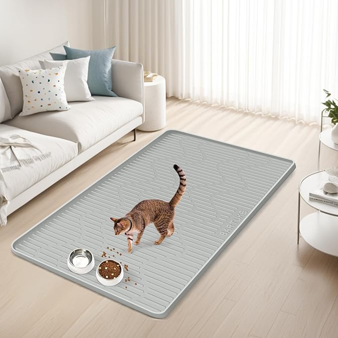 Bartuke Silicone Cat & Dog Food Mat, 40"x 28" Extra Large Pet Feeding Mat for Cats and Dogs Bowl, Pet Placemat for Food and Water with Raised Edge, Waterproof, Leakproof (Grey)