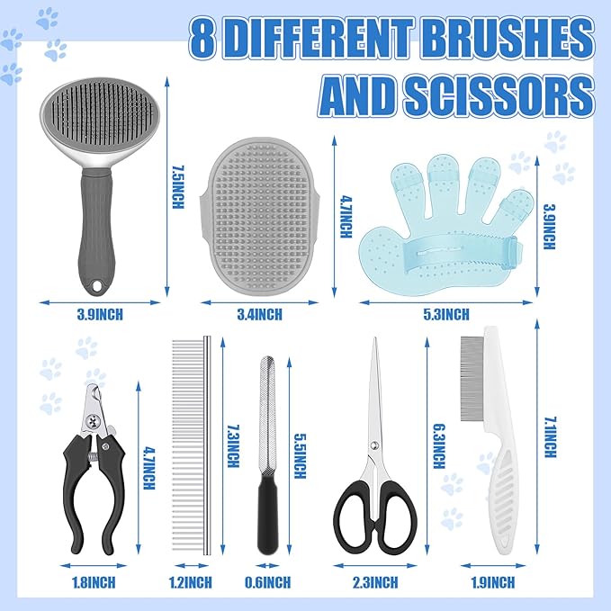 Yaomiao 9 Pcs Dog Grooming Brush Shedding Kit Self Cleaning Slicker Dog Brush Shedding and Flea Comb Nail Clippers and File Pet Grooming Brush with Adjustable Strap Scissors for Cat Pet (Classic