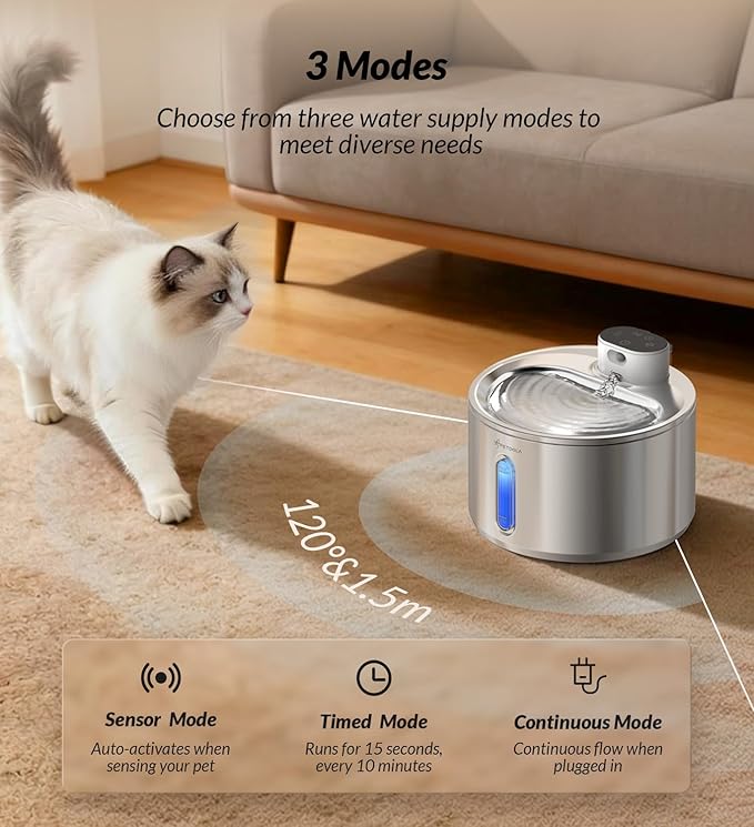 Cat Water Fountain Stainless Steel,135fl-oz/4L Wireless Cat Fountain Battery Operated Pet Fountain for Dogs Cats Indoor