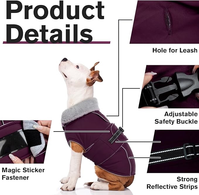 Lelepet Warm Dog Coat Waterproof Dog Jacket for Small Dogs Reflective Fleece Vest with Adjustable Buckle Hook & Loop Windproof Cold Weather Coats for Small Medium Large Dogs, Dark Purple, S
