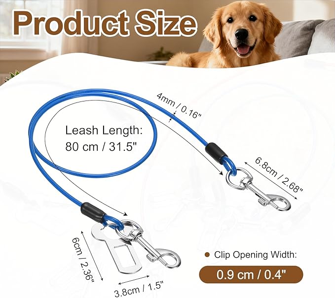 PETAXCELL Chew Proof Dog Leash, 31 in Dog Seat Belt Harness with Double Clips Leash Extender Steel Braided Vehicle Tether, (Blue, 1 Pcs), Intended for Pet Car Safety/Walking/Training