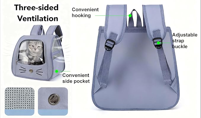 Pet Backpack Carrier, Traveler Breathable Transparent Carrier for Cats or Dogs, Large Space and Foldable Pet Carrier for Travel, Hiking, Shopping, and Vet (Blue)
