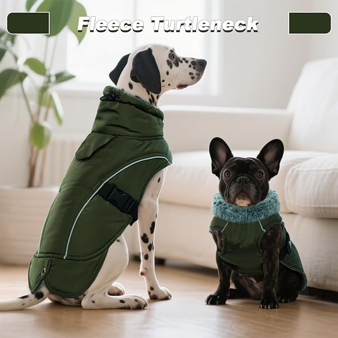 DENTRUN Winter Warm Dog Coat Reflective Jacket with Turtleneck for Cold Weather, Adjustable Buckle Windproof Water Repellent, Thick Snowsuit Fleece Vest for Small, Medium, Large Dogs, Green, L