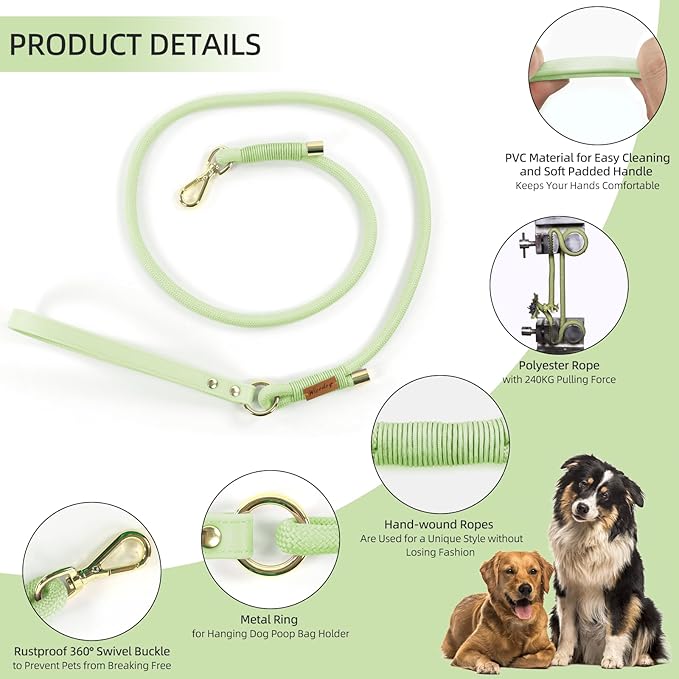 Wisedog Dog Leash for Small Dogs, 5FT Lightweight Rope Leash with PVC Soft Padded Handle, Rustproof 360°Swivel Buckle Heavy Duty for Medium & Large Dogs (Sage Green)