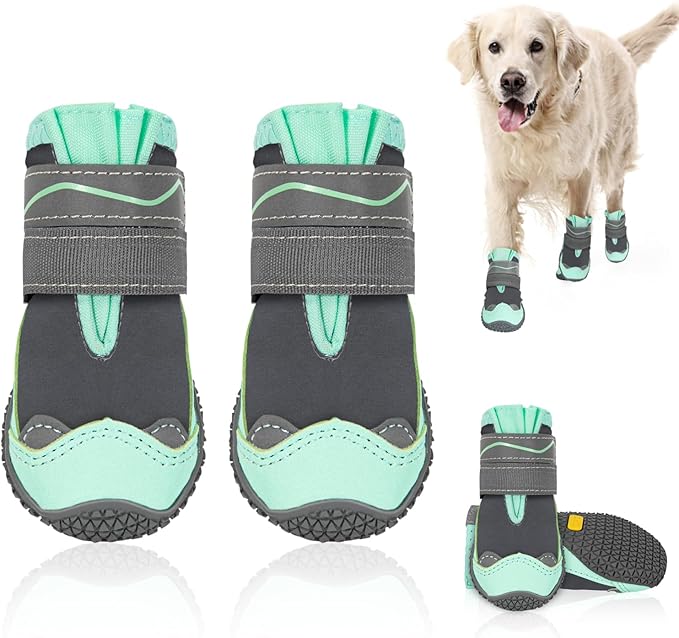 SlowTon Dog Shoes for Large Small Medium Dogs - Waterproof Dog Boots for Summer Hot Pavement, Paw Protector for Outdoor Walking Winter Snow, Anti-Slip Rubber Dog Booties for Hardwood Floor (GR, 3)