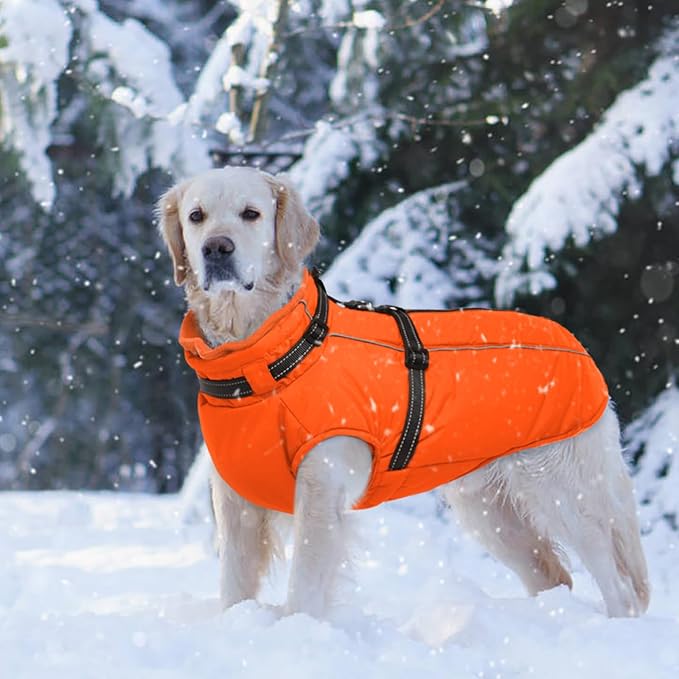 Lelepet Dog Winter Coat Waterproof Dog Jacket with Harness Built in Windproof Reflective Pet Coats for Small Medium Large Dogs, Thermal Fleece Lined Coats for Cold Weather Walking Hiking, Orange, S