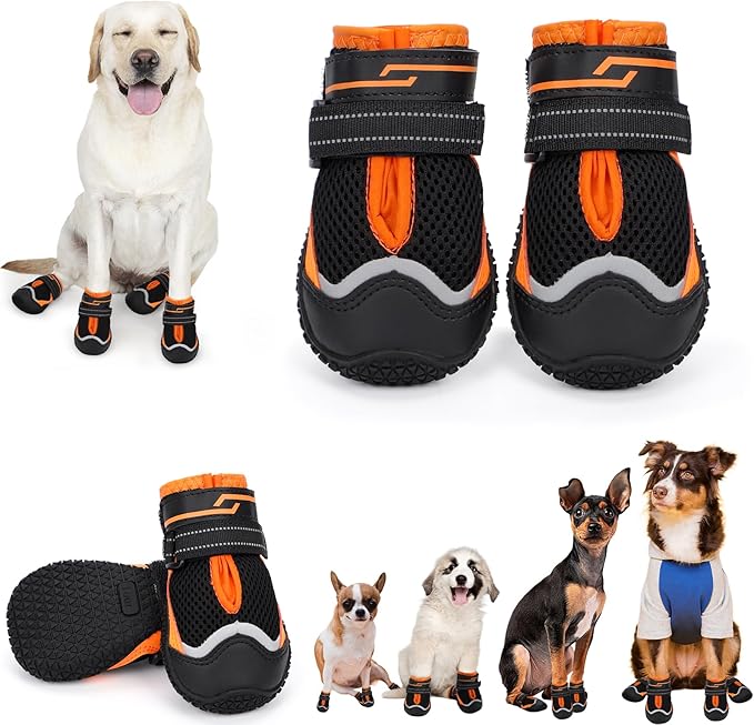 Dog Shoes for Hot Pavement,Dog Boots & Paw Protectors for Large Medium Size Dogs to Prevent Licking,Dog Booties with Reflective for Outdoor,Hiking,Hardwood Floors,Winter Snow(Black Orange,Size4)