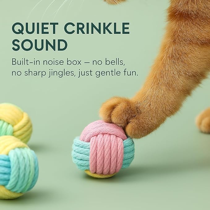 Zasle Cat Chew Balls – 6-Pack Rope Cat Toys with Crinkle Sound, Soft and Durable, for Indoor Cats, Kittens, Teeth & Gum Health