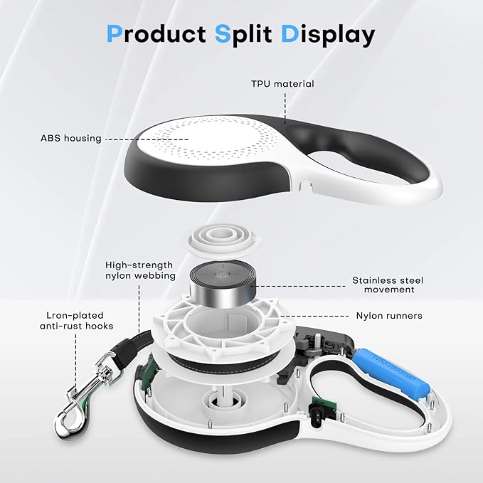 Retractable dog leash with chew-proof cord and LED flashlight, 16-ft heavy-duty dog leash, suitable for Small/medium dogs weighing up to 110 pounds, reflective rope, 360° anti-tangling(White+16ft+LED)